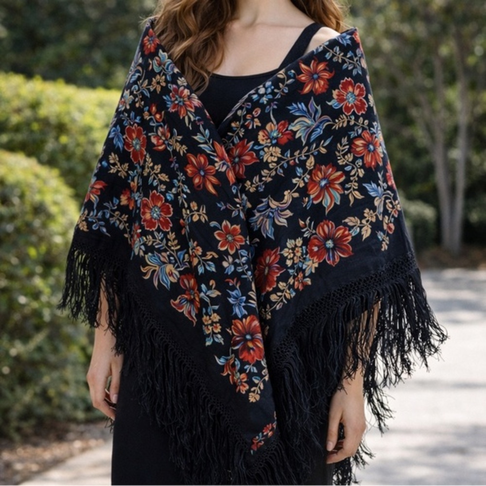 Black Floral Fringe Russian Platok Shawl Multicolor Babushka Scarf Platok